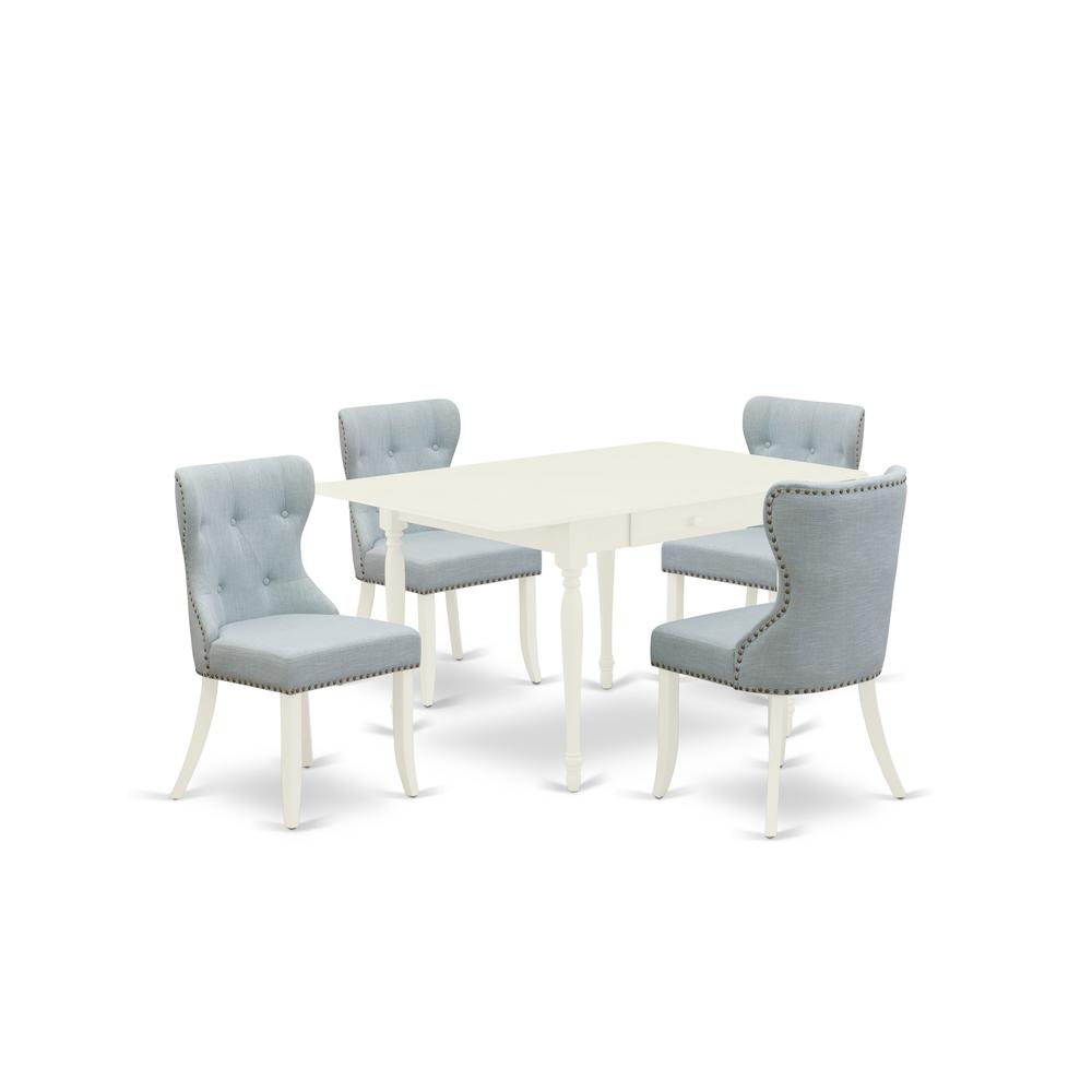 East-West Furniture MZSI5-LWH-15 - A wooden dining table set of 4 wonderful dining room chairs with Linen Fabric Baby Blue color and a beautiful drop leaf rectangle kitchen table with Linen White colo. Picture 1