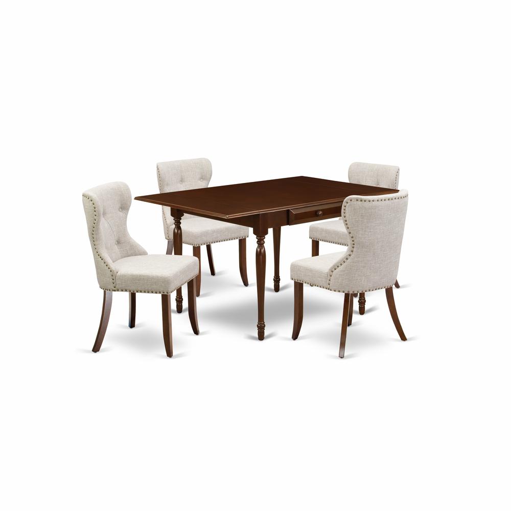 East-West Furniture MZSI5-MAH-35 - A kitchen table set of 4 amazing kitchen chairs with Linen Fabric Doeskin color and a lovely wooden dining table with Mahogany Finish. The main picture.