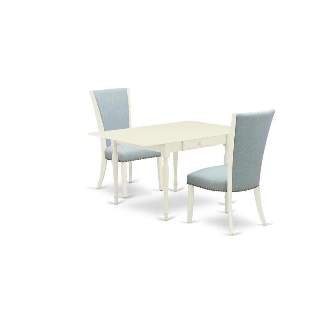 East-West Furniture MZVE3-LWH-15 - A dinette set of two wonderful indoor dining chairs with Linen Fabric Baby Blue color and a fantastic drop leaf rectangle kitchen table with Linen White color. Picture 1