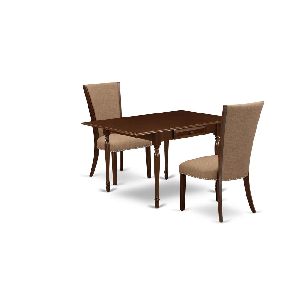 East-West Furniture MZVE3-MAH-47 - A kitchen table set of two great dining room chairs with Linen Fabric Light Sable color and an attractive drop leaf rectangle wooden table with Mahogany Finish. Picture 1
