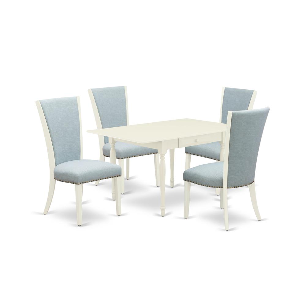 East-West Furniture MZVE5-LWH-15 - A dinette set of 4 excellent indoor dining chairs with Linen Fabric Baby Blue color and a fantastic wooden dining table with Linen White color. Picture 1
