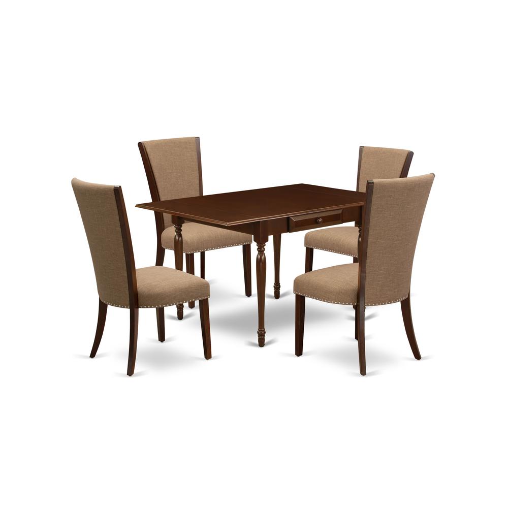 East-West Furniture MZVE5-MAH-47 - A wooden dining table set of 4 fantastic kitchen chairs using Linen Fabric Light Sable color and a fantastic drop leaf rectangle wooden table with Mahogany Finish. Picture 1