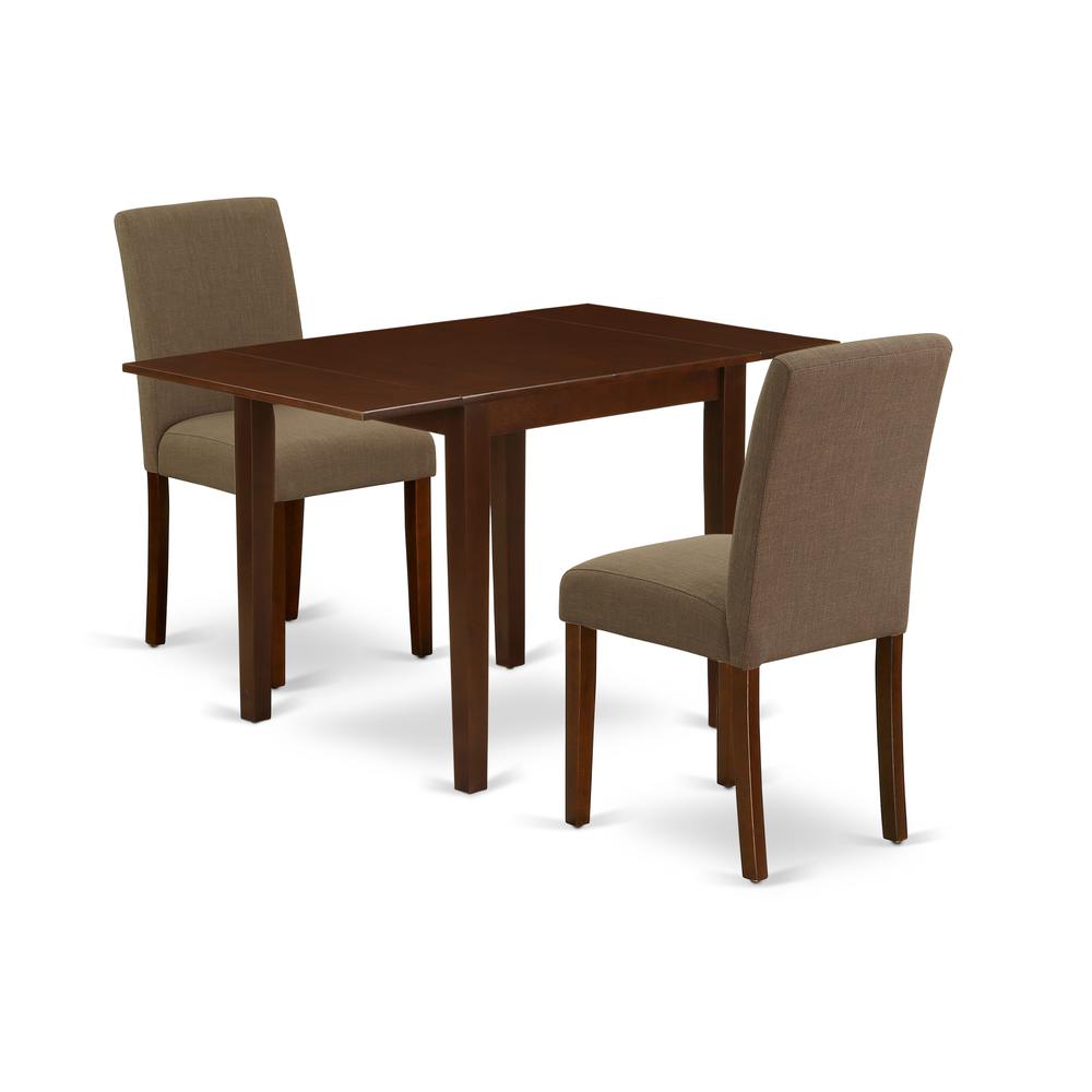 1NDAB3-MAH-18 Modern Dining Table Set 3 Pc - Two Parson Chairs and a Dining Room Table - Mahogany Finish Wood - Coffee Color Linen Fabric. Picture 2