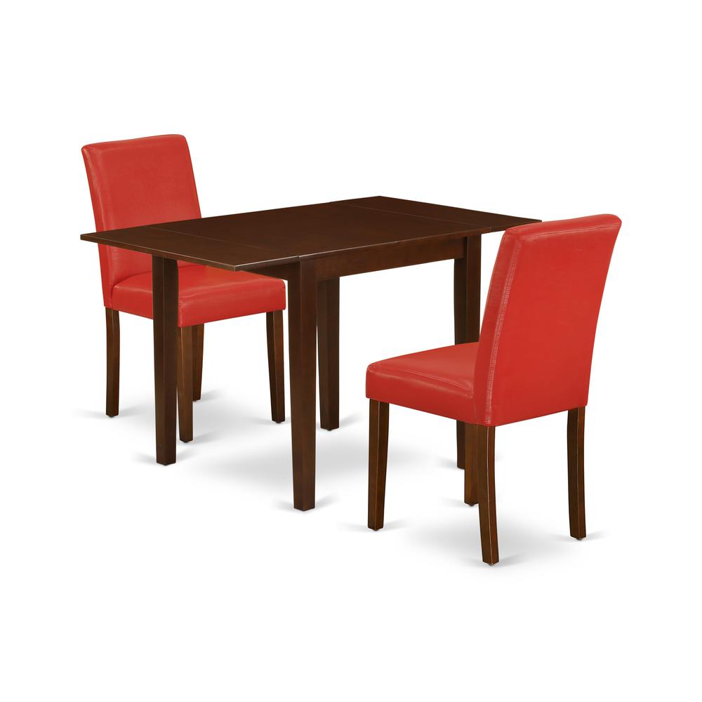 1NDAB3-MAH-72 Modern Dining Table Set 3 Pc - 2 Dining Room Chairs and a Dinner Table - Mahogany Finish Solid wood - Firebrick Red Pu Leather. Picture 2