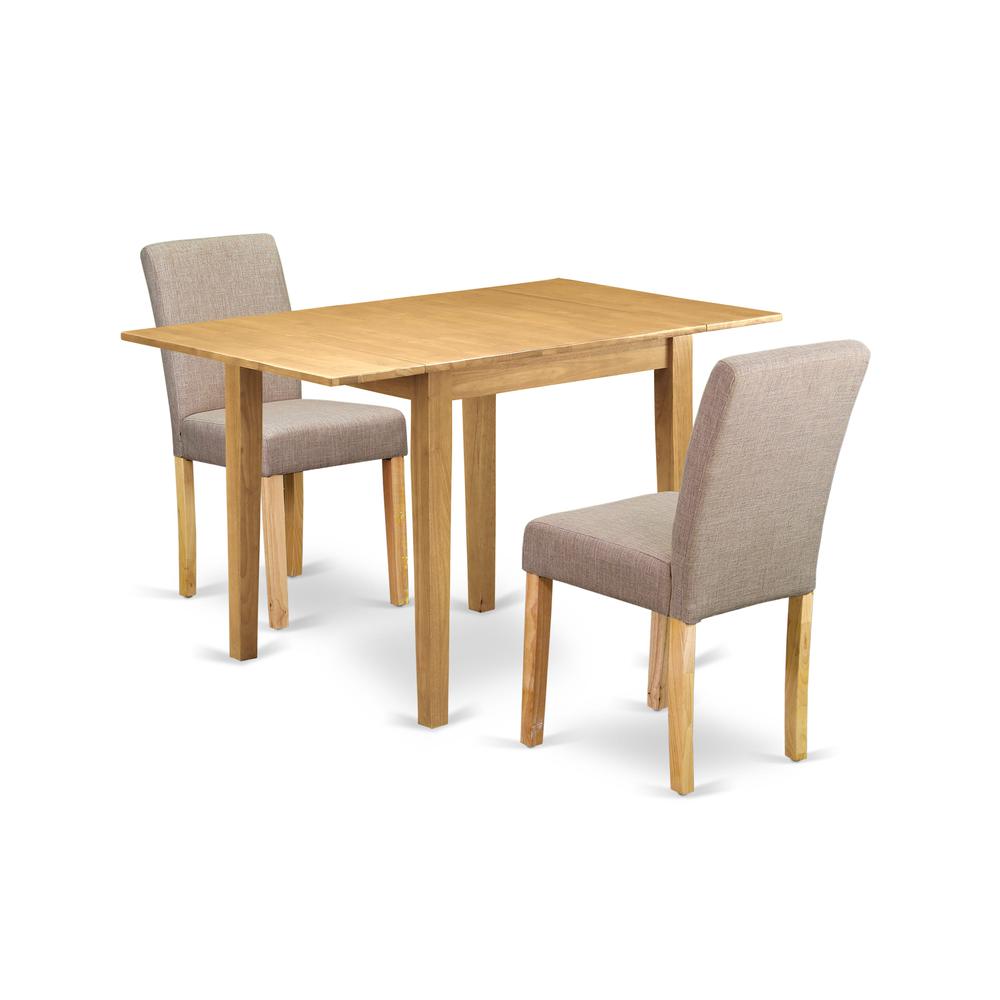 1NDAB3-OAK-04 Dining Table Set 3 Pc - Two Dining Room Chairs and a Modern Dining Table - Oak Finish Wood - Light Fawn Color Linen Fabric. Picture 2