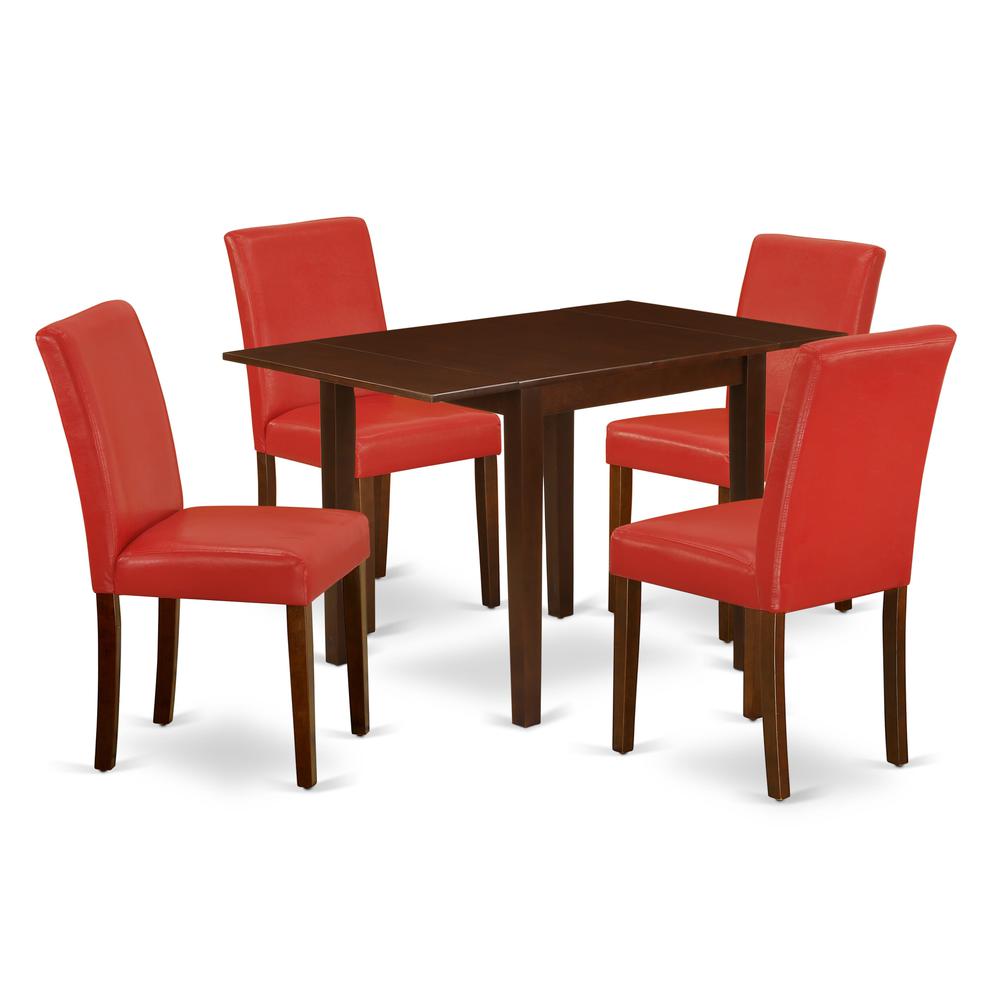 1NDAB5-MAH-72 Dinette Set 5 Pc - Four Kitchen Chairs and a Modern Dining Table - Mahogany Finish Hardwood - Firebrick Red Color Pu Leather. Picture 2