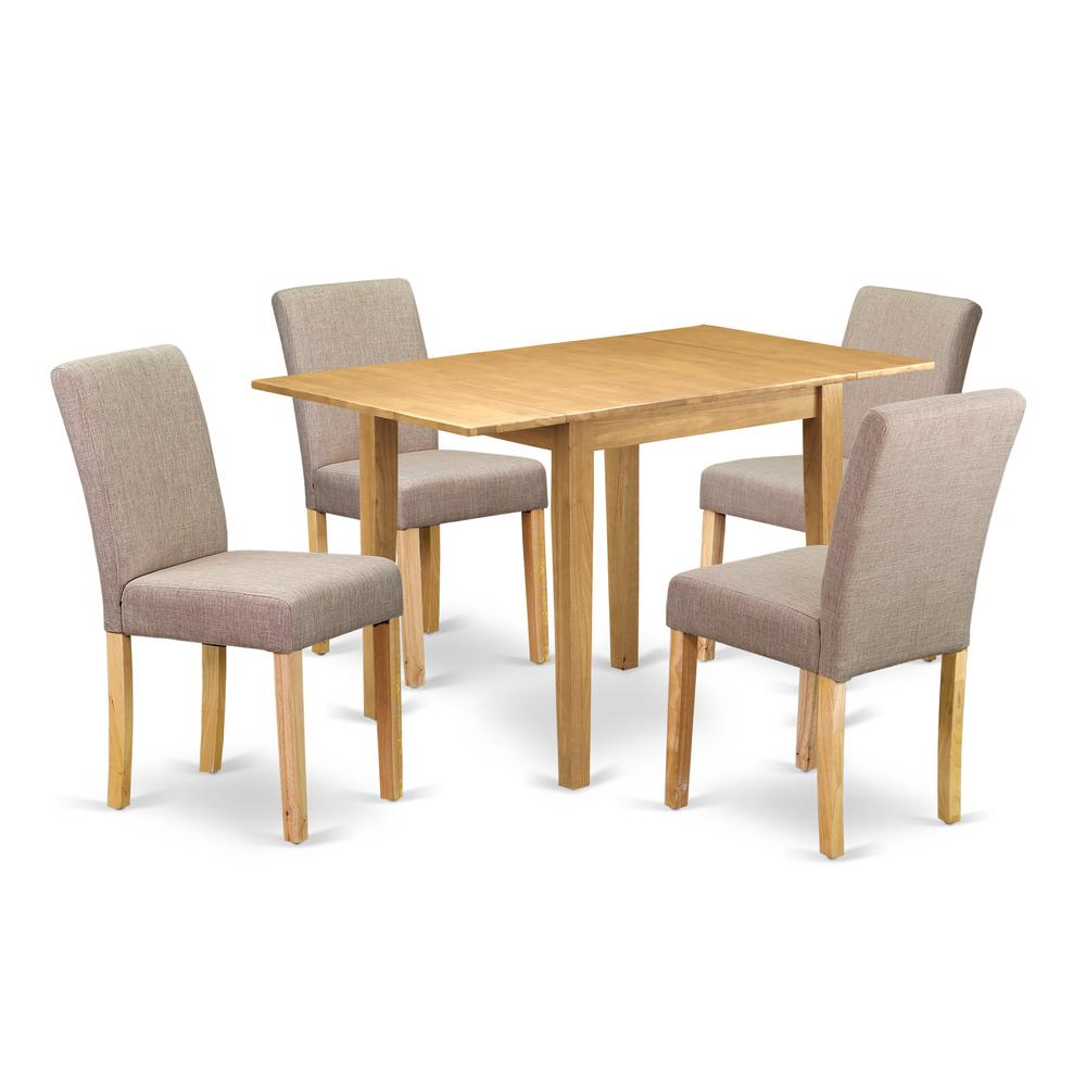 1NDAB5-OAK-04 Dinette Set 5 Pc - Four Dining Room Chairs and a Wooden Table - Oak Finish Hardwood - Light Fawn Color Linen Fabric. Picture 2