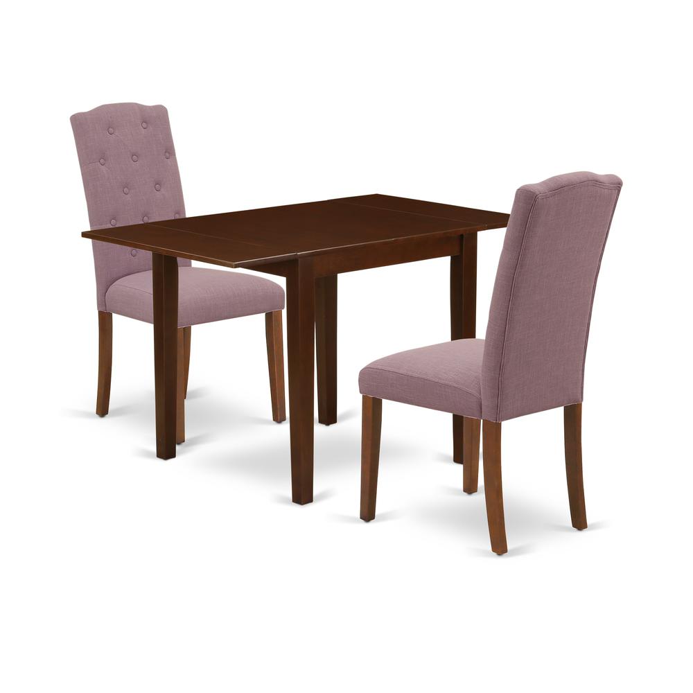 1NDCE3-MAH-10 Wooden Dining Table Set 3 Pc - 2 Dining Chairs and a Dining Table - Mahogany Finish Wood - Dahlia Color Linen Fabric. Picture 2