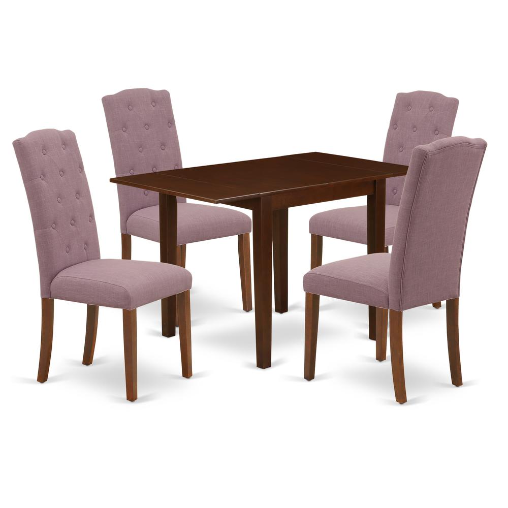 1NDCE5-MAH-10 Dining Set 5 Pc - 4 Kitchen Chairs and a Wooden Table - Mahogany Finish Solid wood - Dahlia Color Linen Fabric. Picture 2