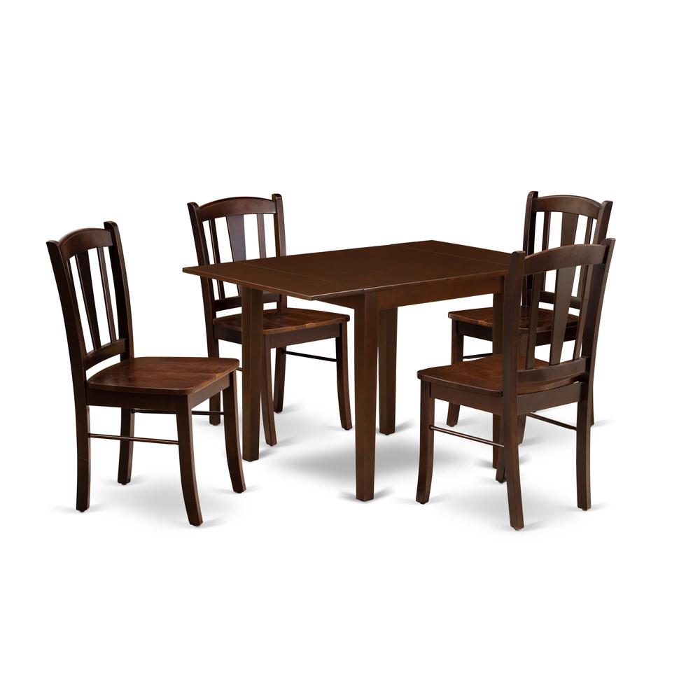 NDDL5-MAH-W - 5-Piece Kitchen Dining Room Set- 4 Mid Century Chair with Wooden Seat and Slatted Chair Back - Dropleafs Rectangular Table - Mahogany Finish. Picture 2