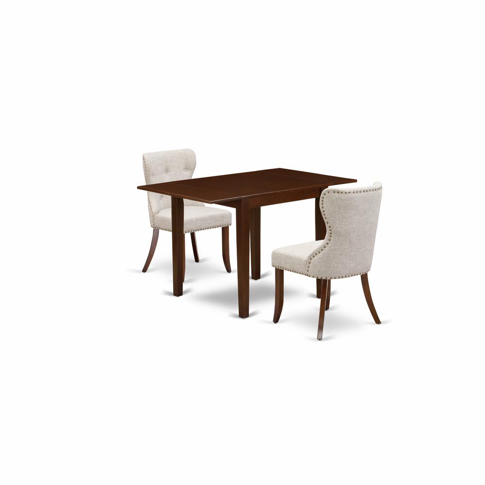 East-West Furniture NDSI3-MAH-35 - A dining room table set of two amazing kitchen chairs with Linen Fabric Doeskin color and a stunning drop leaf rectangle kitchen table with Mahogany Finish. Picture 1