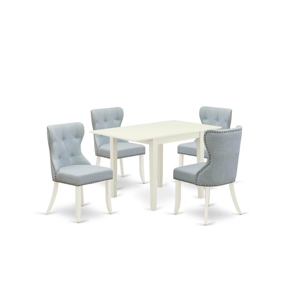 East-West Furniture NDSI5-LWH-15 - A wooden dining table set of 4 amazing dining chairs with Linen Fabric Baby Blue color and a lovely dining table with Linen White color. Picture 1