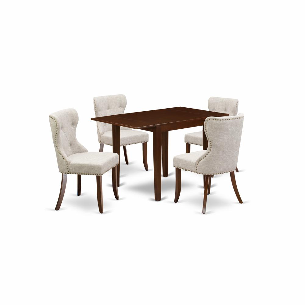 East-West Furniture NDSI5-MAH-35 - A dining set of 4 wonderful parson dining chairs with Linen Fabric Doeskin color and an attractive dining table with Mahogany Finish. Picture 1