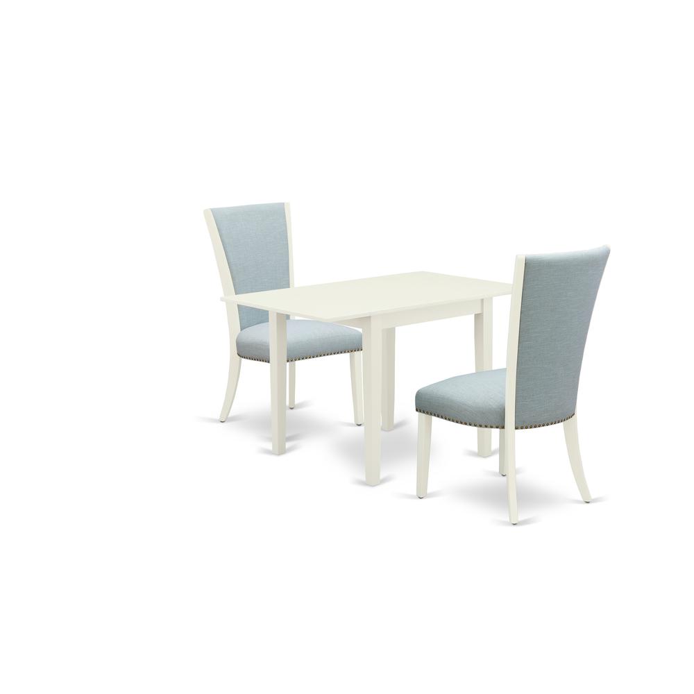 East-West Furniture NDVE3-LWH-15 - A dining table set of two wonderful dining chairs with Linen Fabric Baby Blue color and an attractive drop leaf rectangle kitchen table with Linen White color. Picture 1
