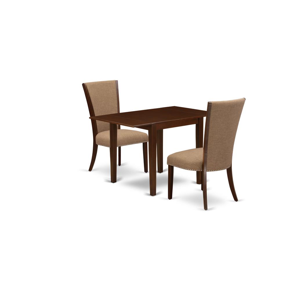 East-West Furniture NDVE3-MAH-47 - A kitchen dining table set of two amazing kitchen chairs with Linen Fabric Light Sable color and a gorgeous  drop leaf rectangle dining table with Mahogany Finish. Picture 1