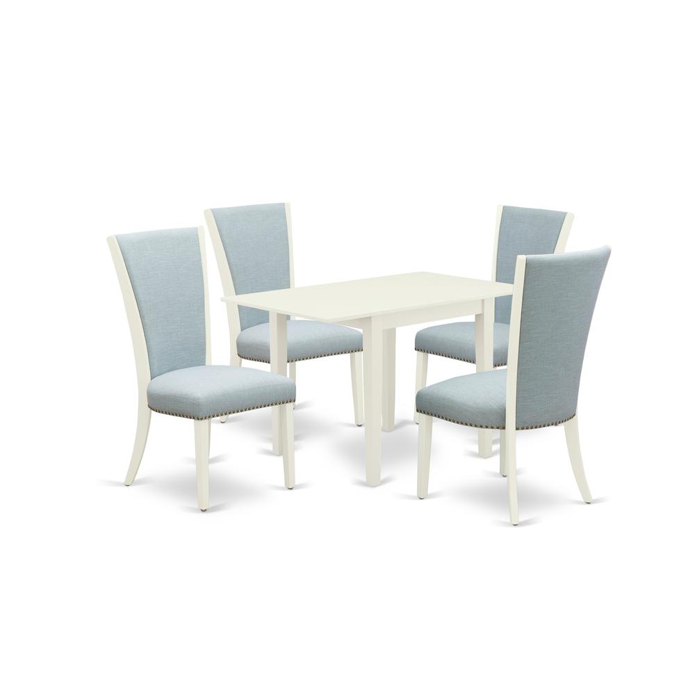 East-West Furniture NDVE5-LWH-15 - A dinette set of 4 amazing kitchen dining chairs with Linen Fabric Baby Blue color and a lovely drop leaf rectangle kitchen table with Linen White color. Picture 1