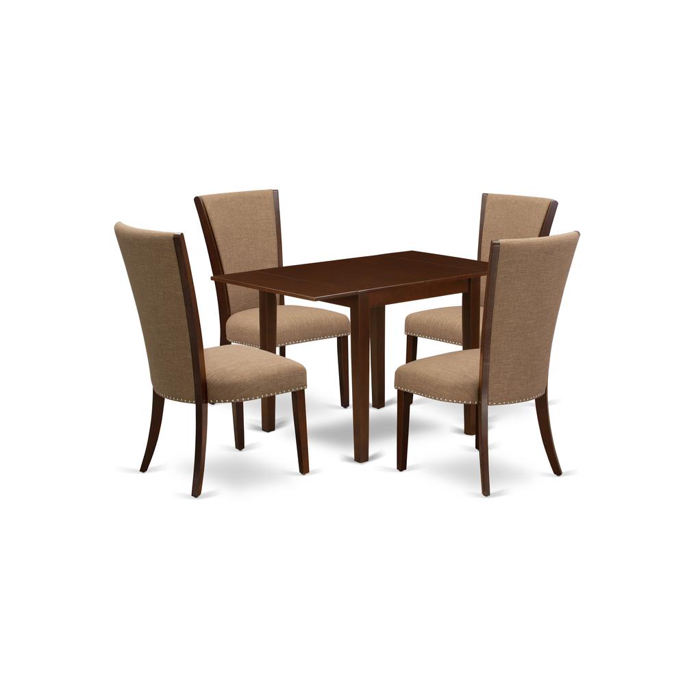 East-West Furniture NDVE5-MAH-47 - A dining room table set of 4 wonderful dining room chairs with Linen Fabric Light Sable color and a gorgeous  drop leaf rectangle wooden table with Mahogany Finish. Picture 1