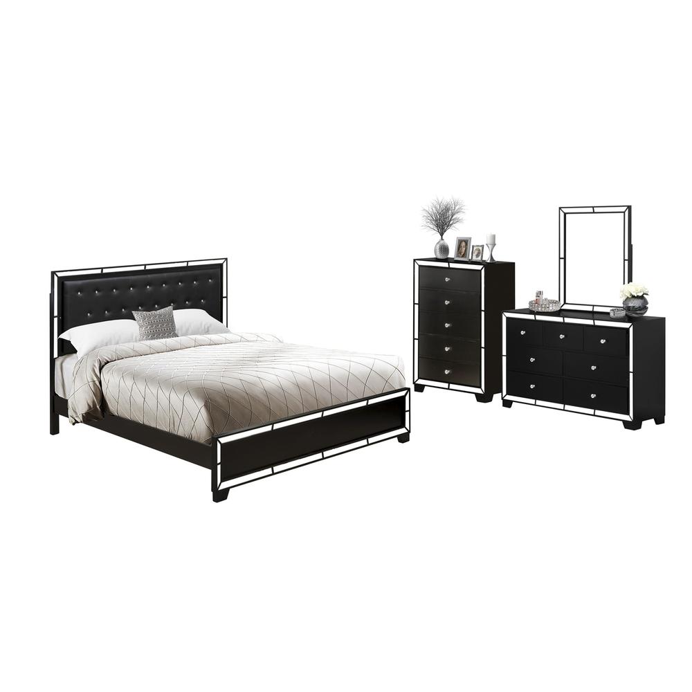 East West Furniture 2-Piece Nella King Size Bedroom Set with a Button Tufted King Size Frame and Night Stand for Bedroom - Black Leather Headboard and Black Legs. Picture 2