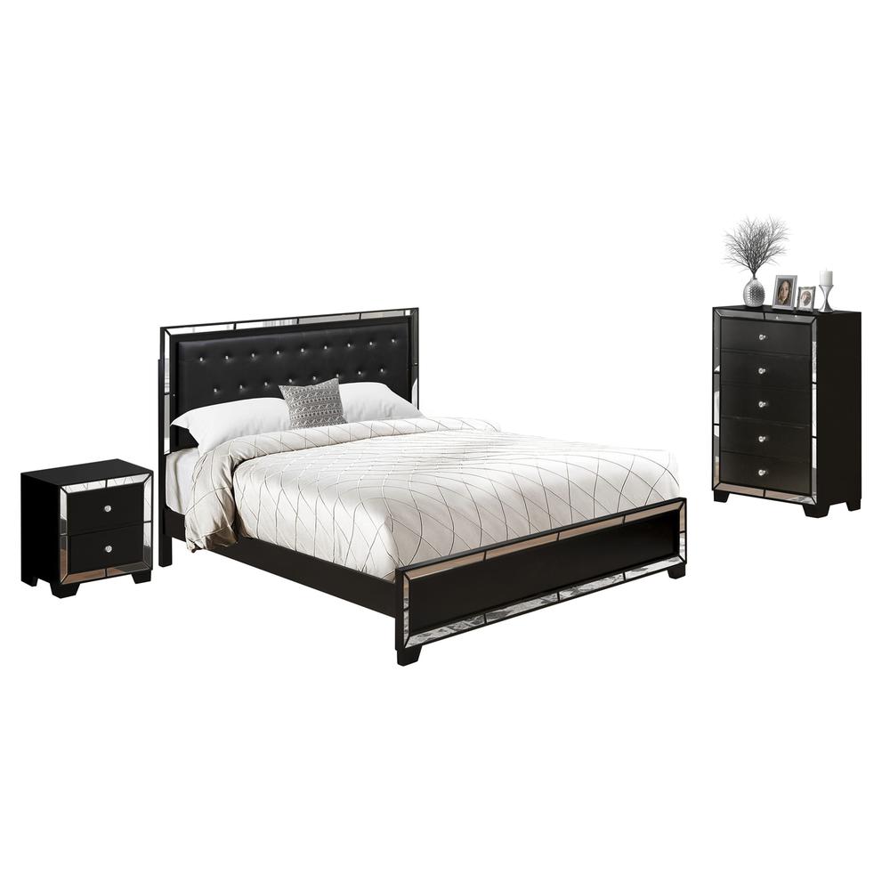 East West Furniture 4-Pc Nella Button Tufted King Size Bed Set with a Bed Frame, Mid Century Dresser, Makeup Mirror, and Small End Table - Black Leather King Headboard and Black Legs. Picture 2
