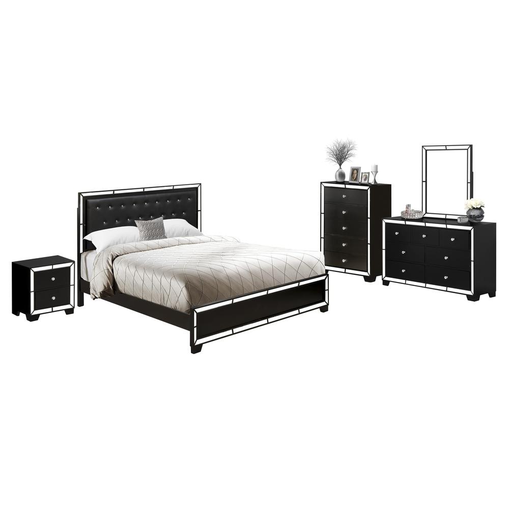 East West Furniture 3-Piece Nella Bed Set with Button Tufted King Size Bed and 2 Night Stands for Bedrooms - Black Leather King Headboard and Black Legs. Picture 2