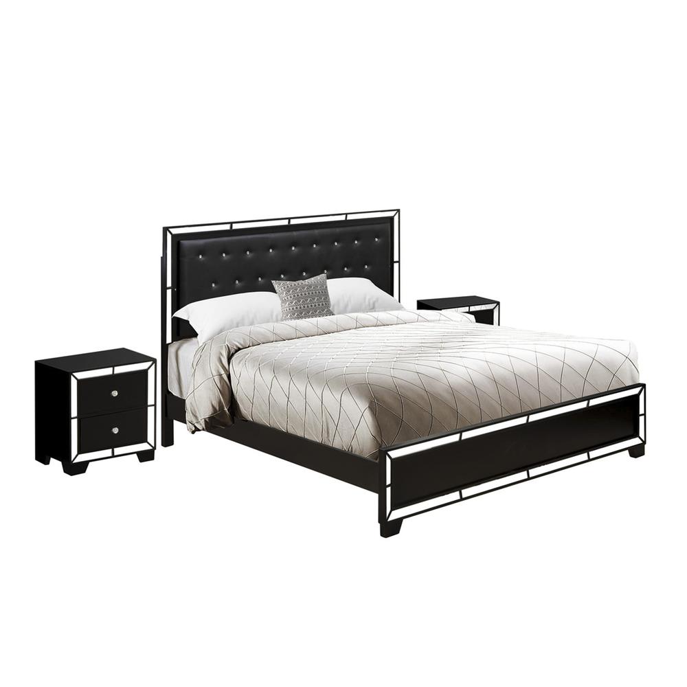 East West Furniture 4-PC Nella King Size Bed Set with a Button Tufted Platform Bed, Wood Chest and 2 Mid Century Nightstands - Black Leather Headboard and Black Legs. Picture 2