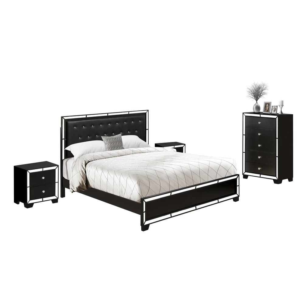 East West Furniture 5-PC Nella King Bedroom Set with a Button Tufted Upholstered Bed, Dresser Bedroom, Room Mirror, and 2 Modern Nightstands - Black Leather Headboard and Black Legs. Picture 2