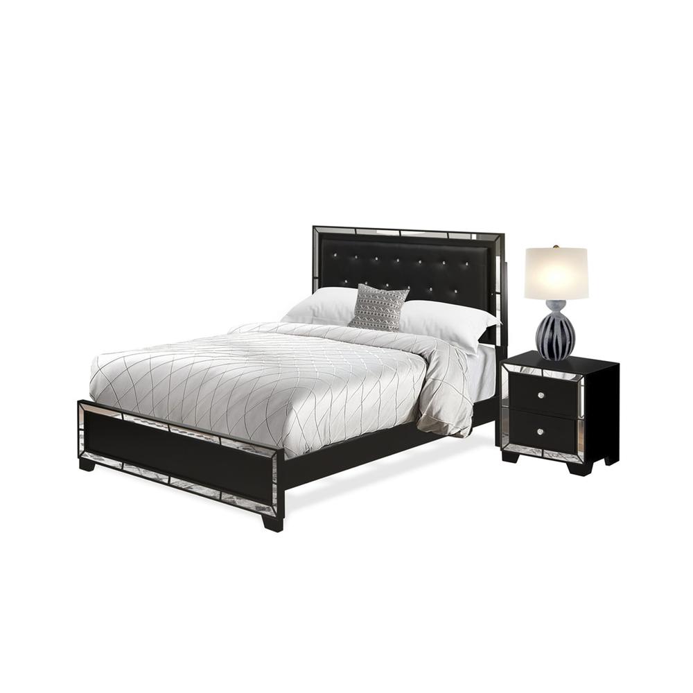 NE11-Q1N000 2-PC Nella Bedroom Set with Button Tufted Queen Bed and Small Nightstand - Black Leather Headboard and Black legs. Picture 2