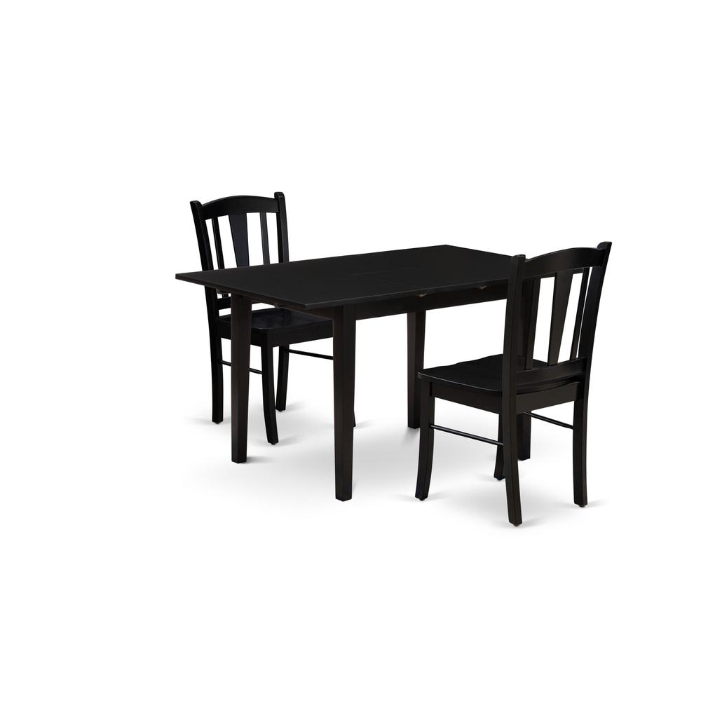 NFDL3-BLK-W - 3-Piece Kitchen Dining Room Set- 2 Modern Dining Chairs with Wooden Seat and Slatted Chair Back - Butterfly Leaf Rectangular Dining Table (Black Finish). Picture 2