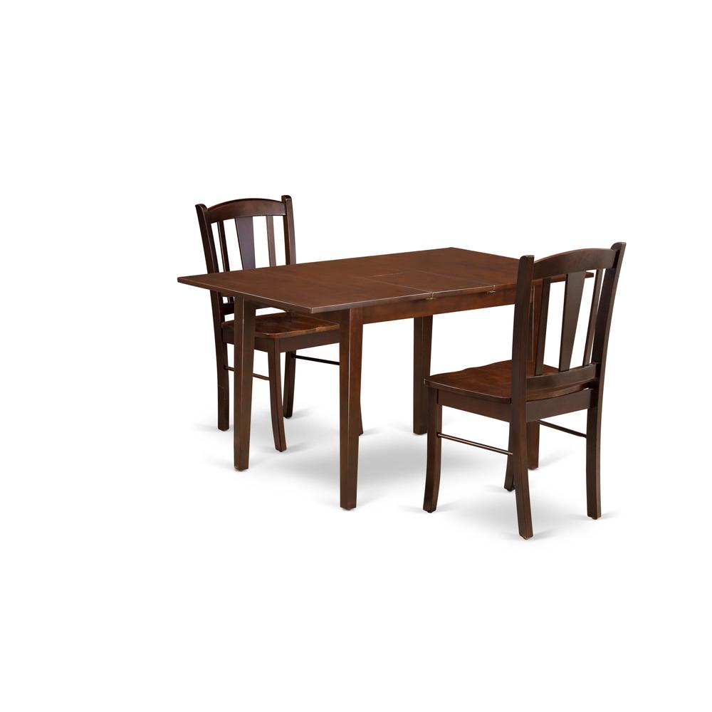 NFDL3-MAH-W - 3-Pc Dining Room Table Set- 2 Dining Chair with Wooden Seat and Slatted Chair Back - Butterfly Leaf Modern Kitchen Table - Mahogany Finish. Picture 2