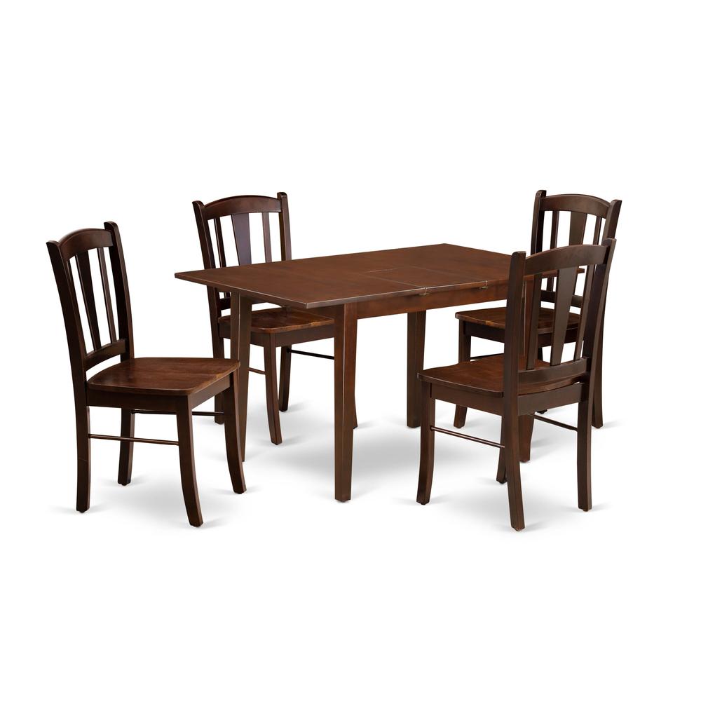 NFDL5-MAH-W - 5-Pc Dining Room Table Set- 4 Kitchen Chair with Wooden Seat and Slatted Chair Back - Butterfly Leaf Dining Table - Mahogany Finish. Picture 2