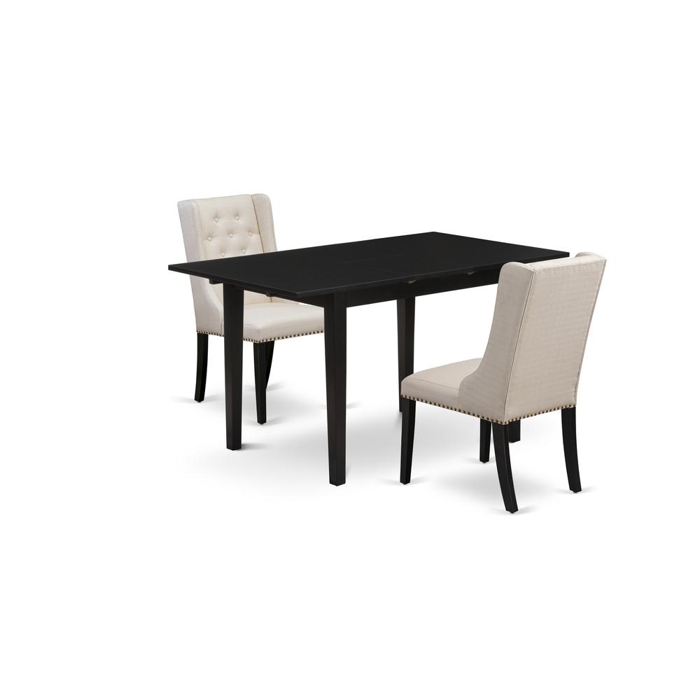 East West Furniture NFFO3-BLK-01 3-Pc Kitchen Table Set Includes 1 Butterfly Leaf Rectangular Dining Table and 2 Cream Linen Fabric Upholstered Dining Chairs with Button Tufted Back - Black Finish. Picture 1