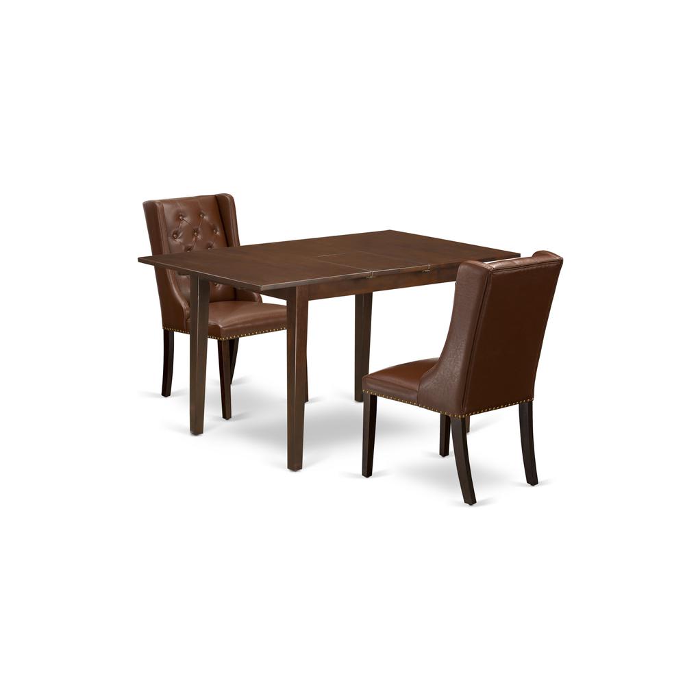 East West Furniture NFFO3-MAH-46 3-Pc Dining Room Set Includes 1 Butterfly Leaf Dining Table and 2 Brown Linen Fabric Dining Chairs with Button Tufted Back - Mahogany Finish. Picture 1