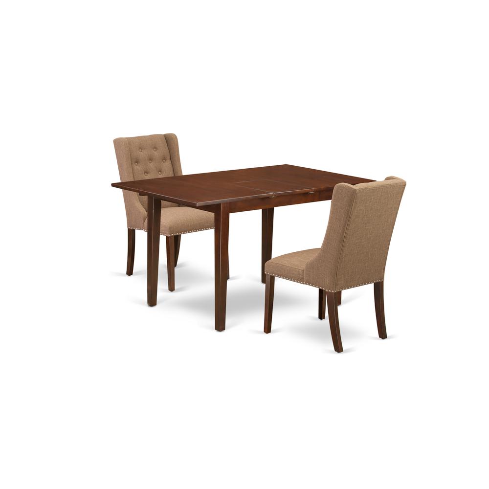 East West Furniture NFFO3-MAH-47 3-Piece Dinette Set Includes 1 Modern Butterfly Leaf Kitchen Table and 2 Light Sable Linen Fabric Dining Chairs with Button Tufted Back - Mahogany Finish. Picture 1