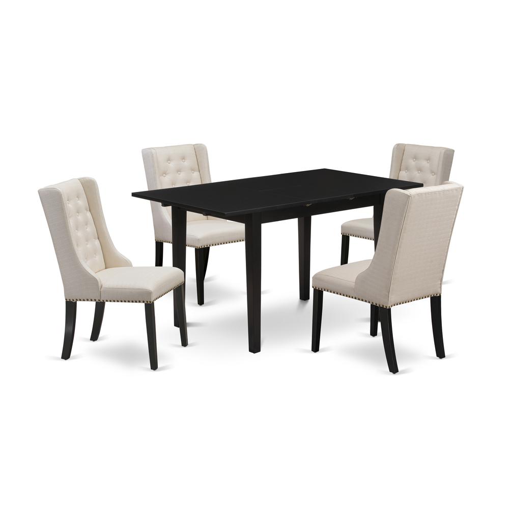East West Furniture NFFO5-BLK-01 5-Pc Dinette Room Set Includes 1 Butterfly Leaf Dining Room Table and 4 Cream Linen Fabric Dining Chair with Button Tufted Back - Black Finish. Picture 1