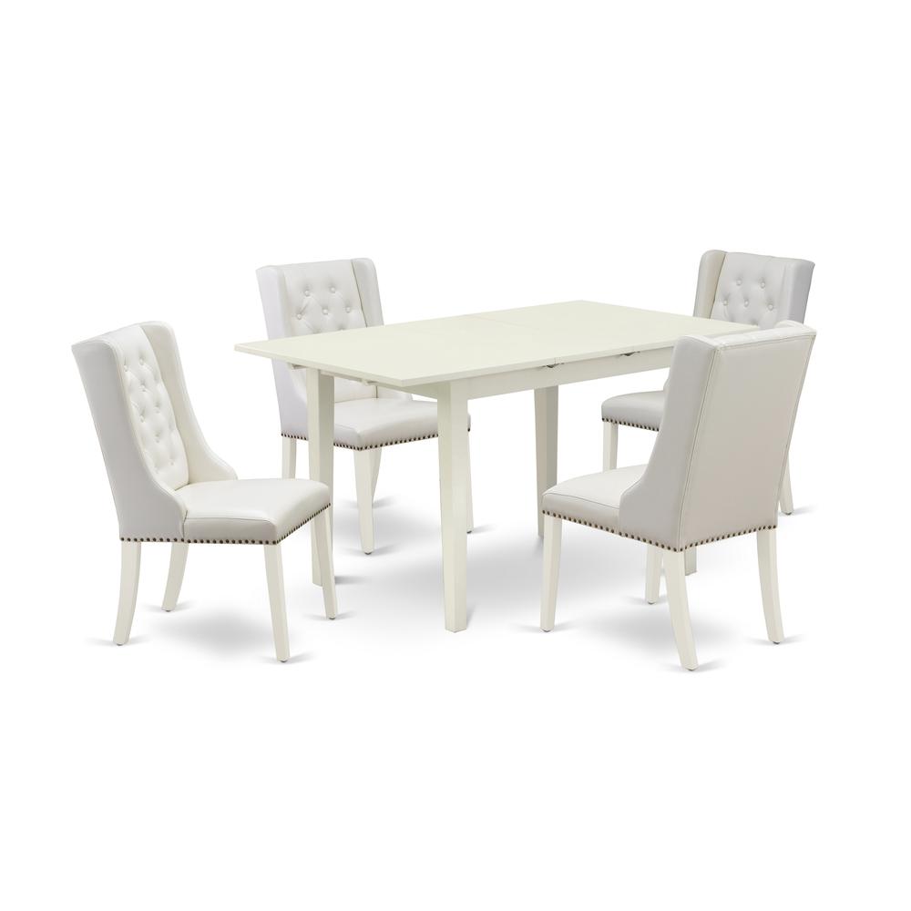 East West Furniture NFFO5-LWH-44 5-Piece Dinette Set Includes 1 Butterfly Leaf Dining Table and 4 Light Grey Linen Fabric Parson Chairs with Button Tufted Back - Linen White Finish. Picture 1