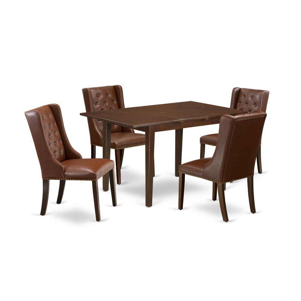 East West Furniture NFFO5-MAH-46 5-Piece Dining Room Set Includes 1 Butterfly Leaf Dining Table and 4 Brown Linen Fabric Dining Padded Chairs with Button Tufted Back - Mahogany Finish. Picture 1