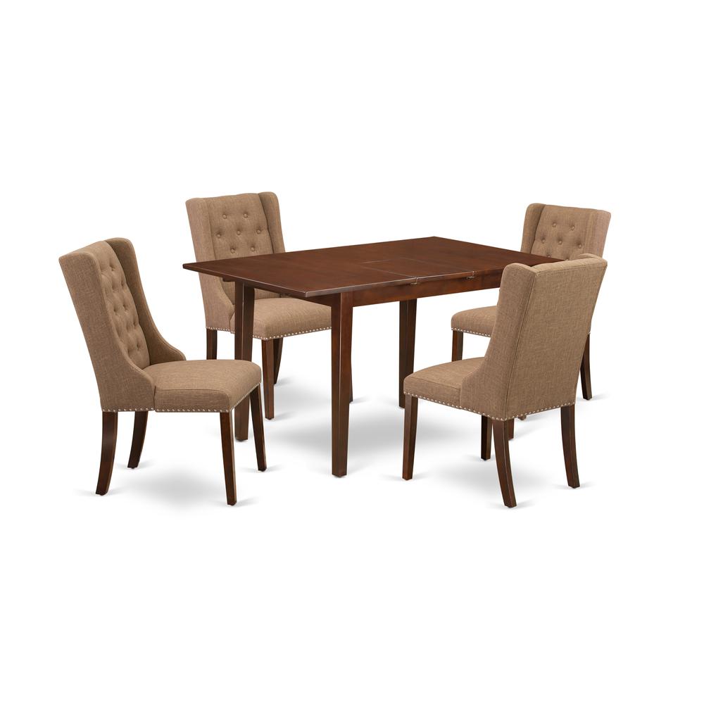 East West Furniture NFFO5-MAH-47 5-Piece Dining Room Table Set Includes 1 Butterfly Leaf Dining Table and 4 Light Sable Linen Fabric Parson Chairs with Button Tufted Back - Mahogany Finish. The main picture.