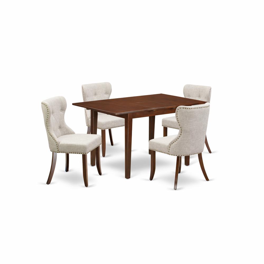East-West Furniture NFSI5-MAH-35 - A dining table set of 4 fantastic parson dining chairs with Linen Fabric Doeskin color and an attractive 12" butterfly leaf rectangle wooden dining table with Mahoga. Picture 1