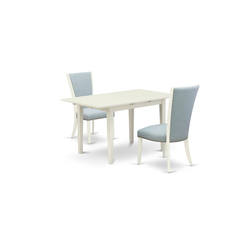 East-West Furniture NFVE3-LWH-15 - A dining table set of two amazing kitchen chairs with Linen Fabric Baby Blue color and a gorgeous 12" butterfly leaf rectangle dining table with Linen White color. Picture 1