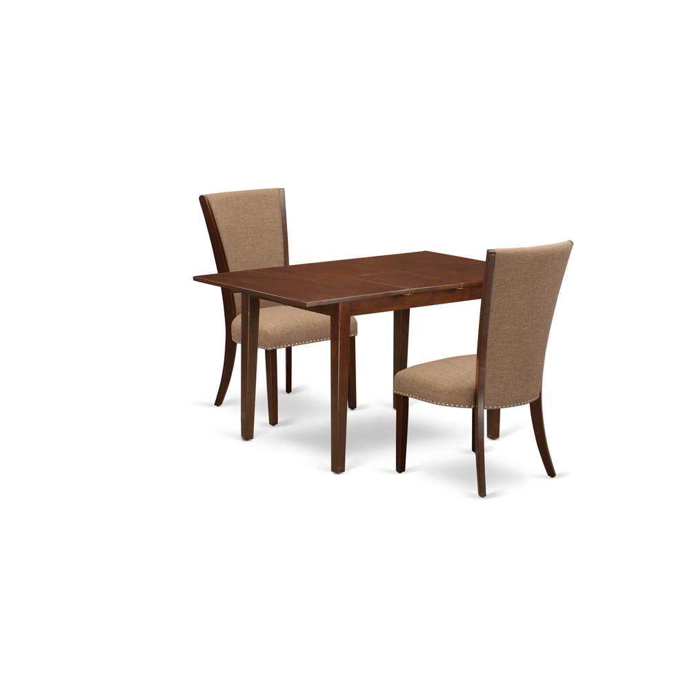 East-West Furniture NFVE3-MAH-47 - A wooden dining table set of 2 great parson chairs with Linen Fabric Light Sable color and a lovely  12" butterfly leaf rectangle dining table with Mahogany Finish. Picture 1