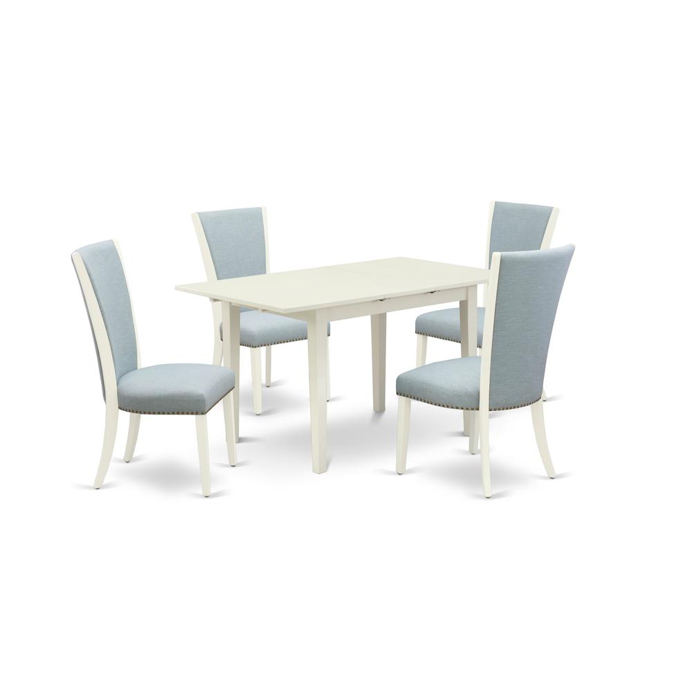 East-West Furniture NFVE5-LWH-15 - A wooden dining table set of 4 wonderful dining room chairs with Linen Fabric Baby Blue color and a wonderful dinner table with Linen White color. Picture 1