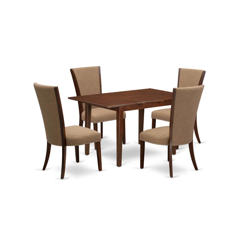 East-West Furniture NFVE5-MAH-47 - A dining room table set of 4 amazing parson dining chairs using Linen Fabric Light Sable color and a gorgeous wood kitchen table in Mahogany Finish. Picture 1