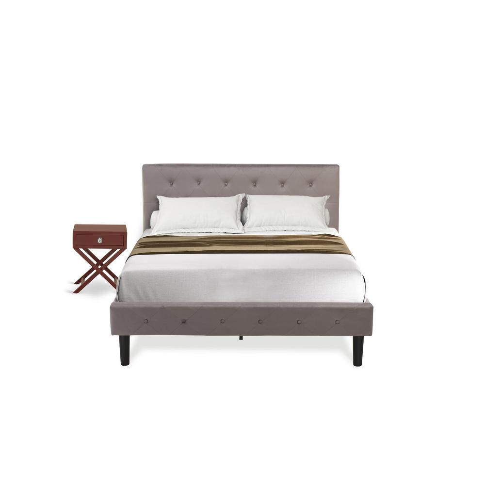 NL14F-1HA13 2 Piece Full Bed Set - 1 Bed Brown Taupe Velvet Fabric Headboard and 1 Bedroom Nightstand - Burgundy Finish Nightstand. Picture 2