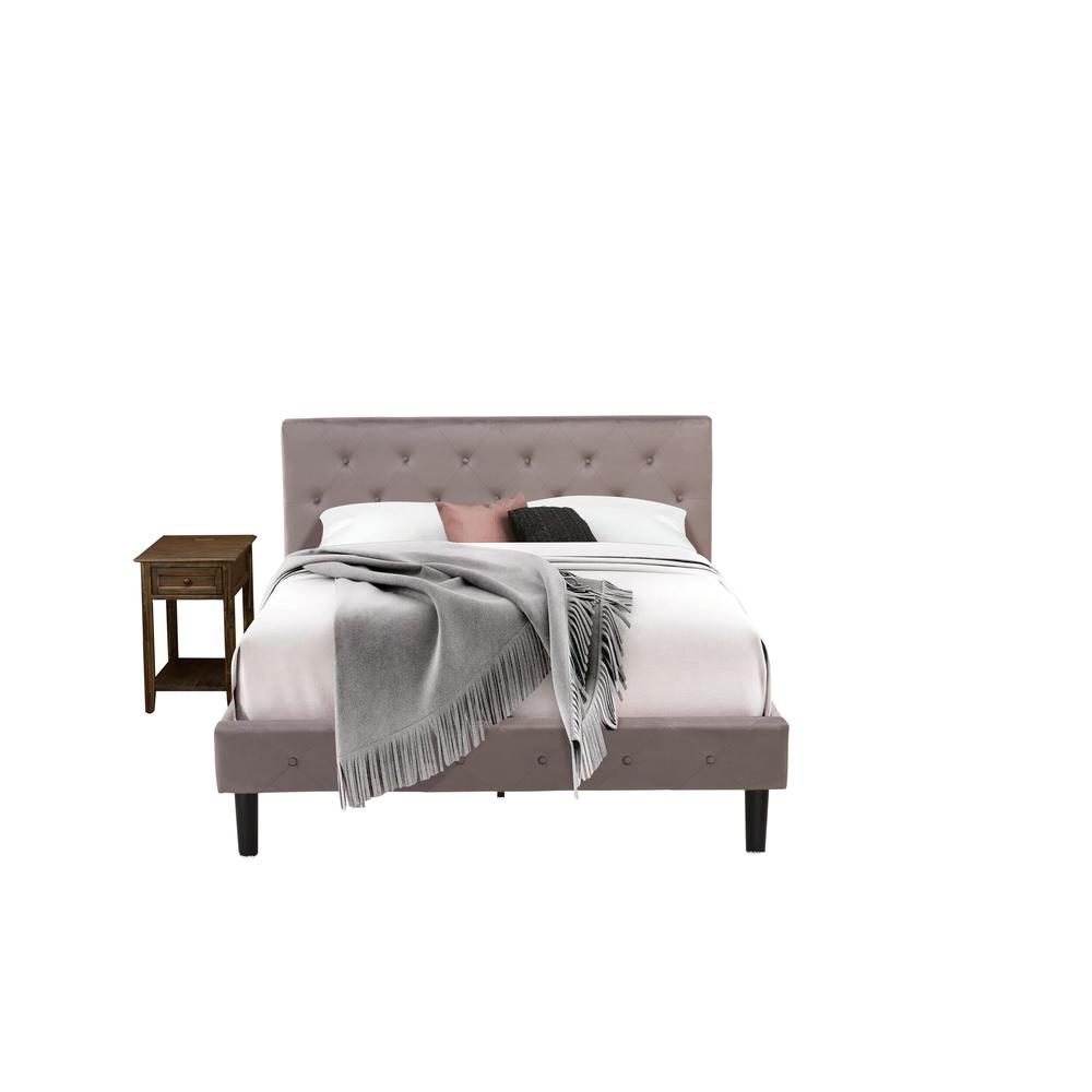 NL14Q-1DE07 2 Pc Bed Set - 1 Bed Brown Taupe Velvet Fabric Headboard and 1 Nightstand - Distressed Jacobean Finish Nightstand. Picture 2