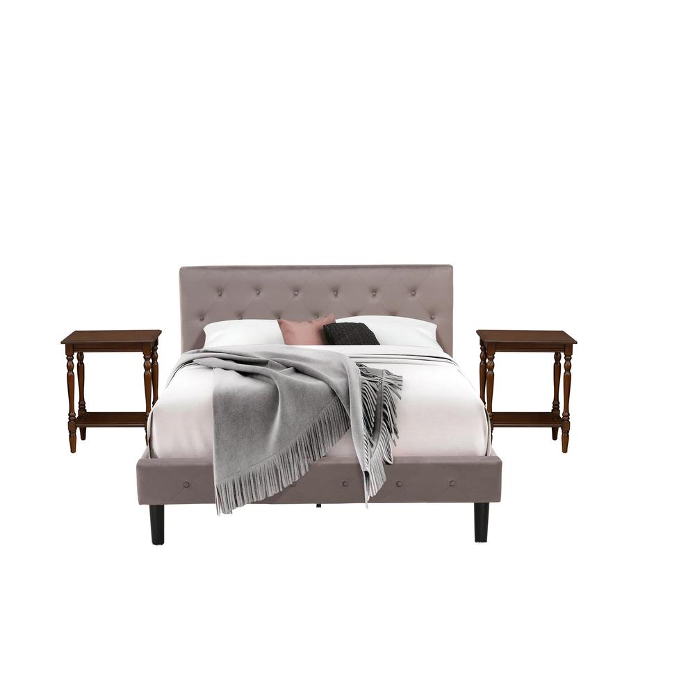 NL14Q-2BF0M 3 Pc Bed Set - 1 Bed Brown Taupe Velvet Fabric Headboard and 2 Wood Nightstand - Antique Mahogany Finish Nightstand. Picture 2