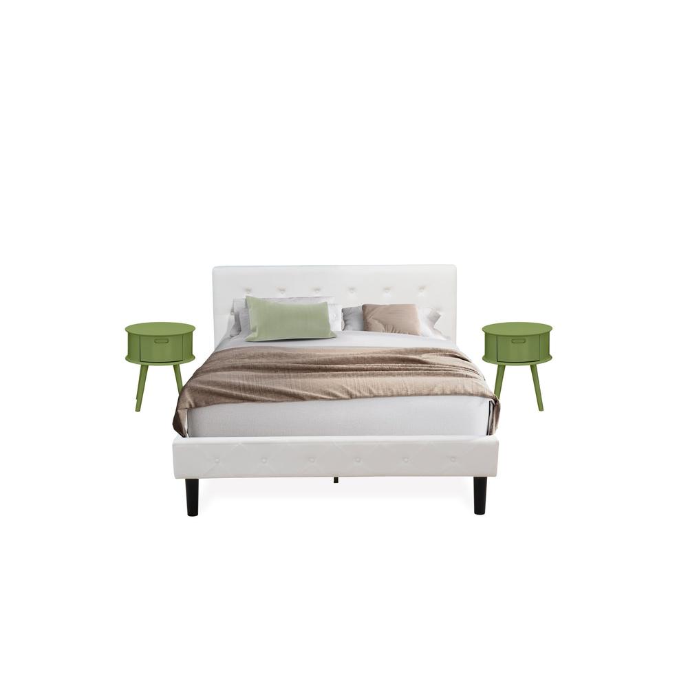 NL19Q-2GO12 3 Piece Bed Set - 1 Wood Bed Frame White Velvet Fabric Headboard and 2 Night Stand - Clover Green Finish Nightstand. Picture 2