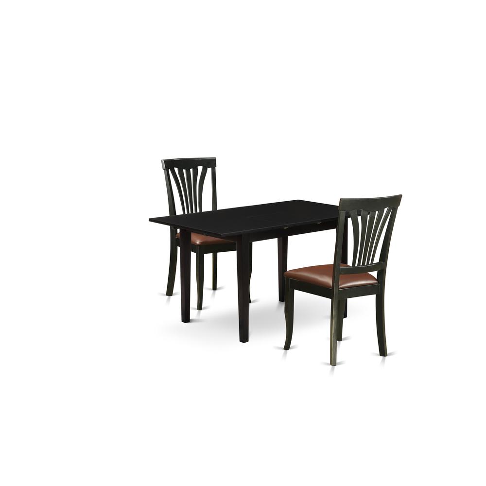 East West Furniture NOAV3-BLK-LC 3-Pc Dining Set 2 Upholstered Dining Chairs with Slatted Back and a Faux Leather Seat and Butterfly Leaf Dinette Table with Rectangular Top and 4 Legs- Black Finish. Picture 2
