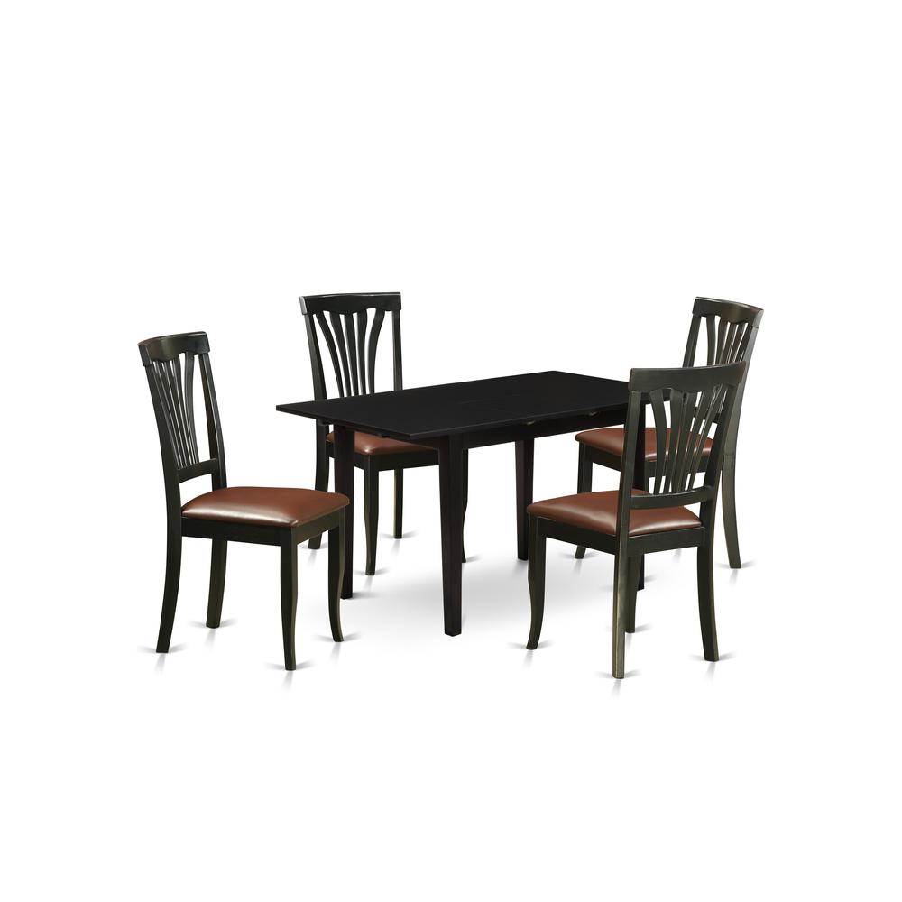 East West Furniture NOAV5-BLK-LC 5-Pc Dining Room Table Set 4 Wooden Dining Chairs with Slatted Back and a Faux Leather Seat and Mid Century Butterfly Leaf Dining Table with Rectangular Top and 4 Legs. Picture 2