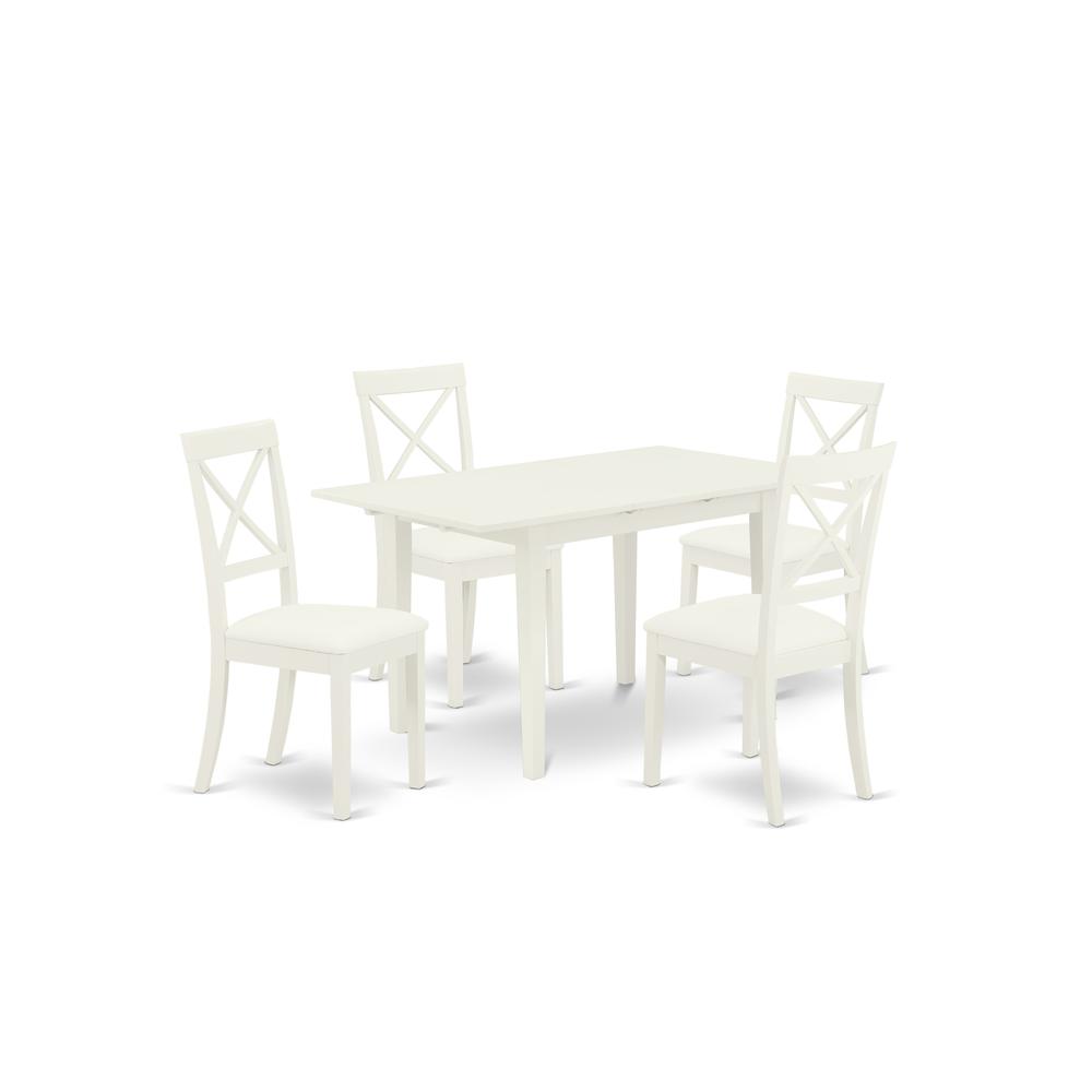 East West Furniture NOBO5-WHI-LC 5-Pc Rectangular Dinette Set 4 Dining Chairs with X-Back and a Faux Leather Seat and Butterfly Leaf Dining Room Table with Rectangular Top and 4 Legs- Linen White Fini. Picture 2