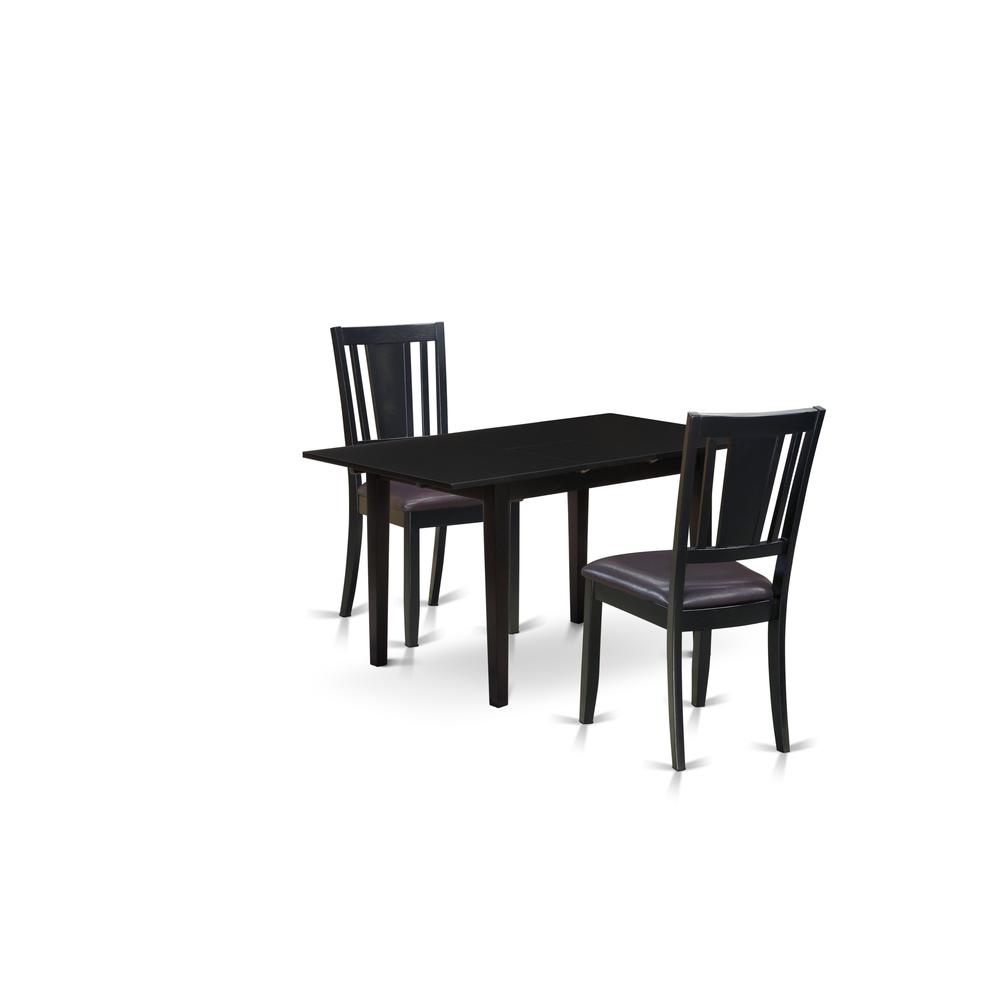 East West Furniture NODU3-BLK-LC 3-Pc Rectangular Dining Table Set 2 Wooden Dining Chairs with Panel Back and A Faux Leather Seat and Small Butterfly Leaf Rectangular Dining Table with Rectangular Top. Picture 2